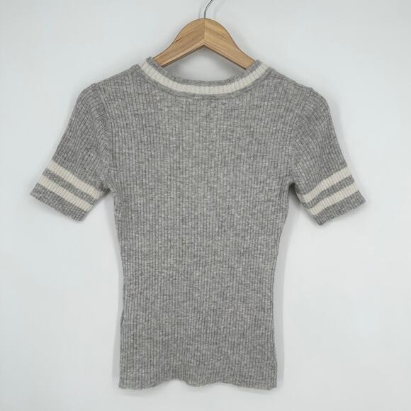 FRAME Varsity V-Neck Sweater Wool Blend Striped Short Sleeve Rib Knit Gray - Picture 8 of 12
